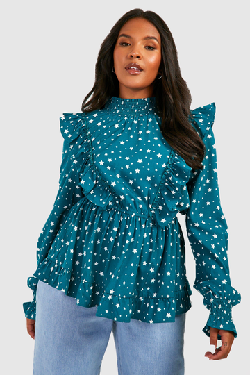 Plus - Mönstrad Blus Med Volanger, Green