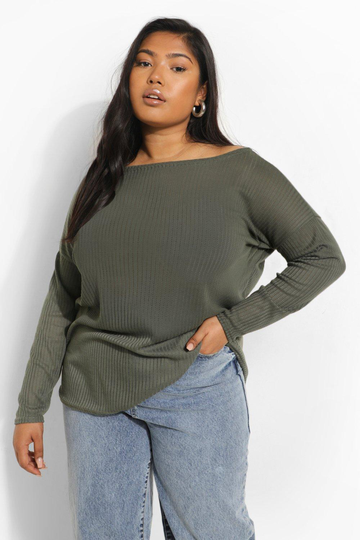 Plus - Långärmad Oversize T-Shirt I Ribbat Tyg, Green