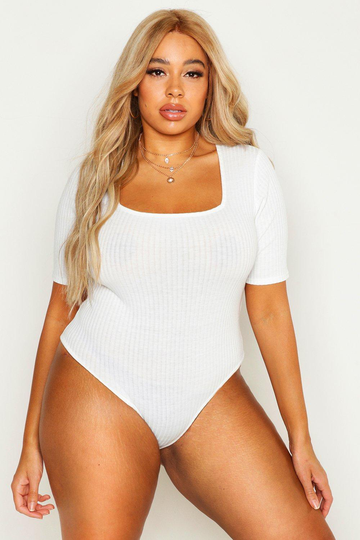 Plus - Ribbstickad Body Med Kort Ärm, White