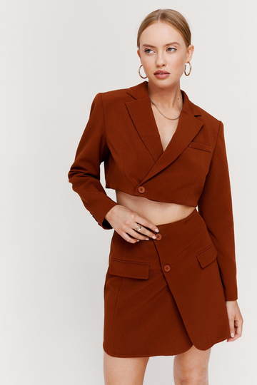 Croppad Kavaj Med Axelvaddar, Brown