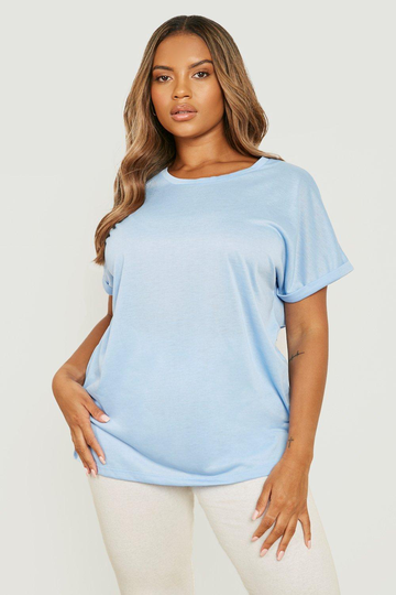 Plus - T-Shirt Med Uppvikt Ärm, Blue