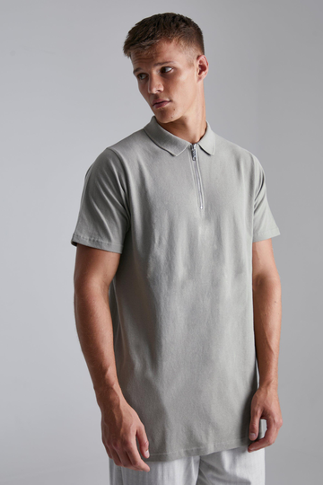 Tall - Kortärmad Piké I Slim Fit Med Dragkedja, Green
