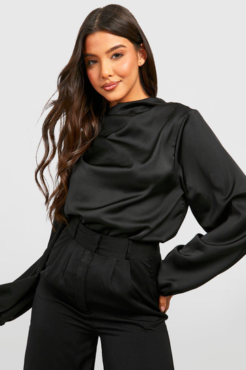 Draperad Blus I Satin Med Volymärm, Black