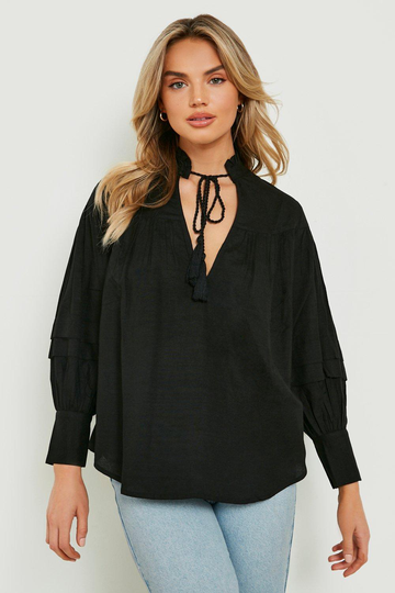 Linneblus Med Knytdetalj Och Puffärm, Black