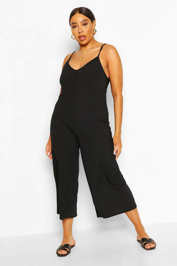 Plus - Ribbad Jumpsuit Med V-Ringning Och Vida Ben, Black