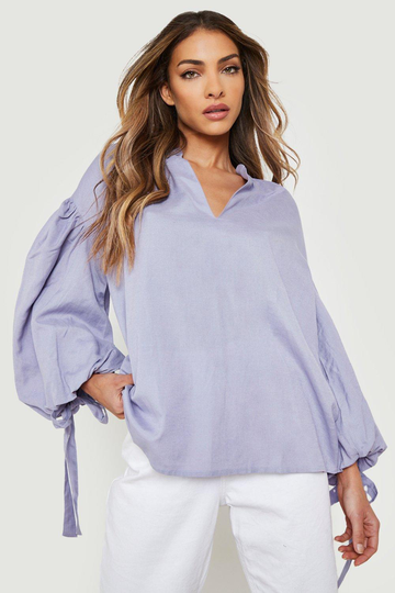Linneblus Med Knytdetalj Och Volymärm, Purple