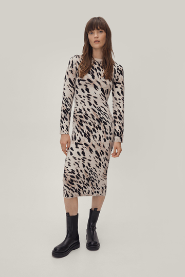 Leopardmönstrad Stickad Midiklänning, Beige