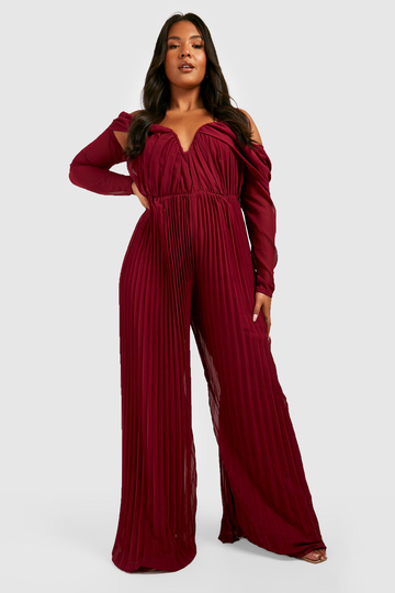 Plus Plisserad Jumpsuit I Chiffong, Red