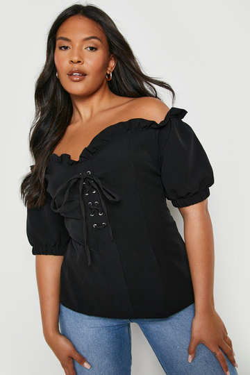 Plus - Off Shoulder-Topp Med Hjärtformad Skärning Och Knytdetalj, Black