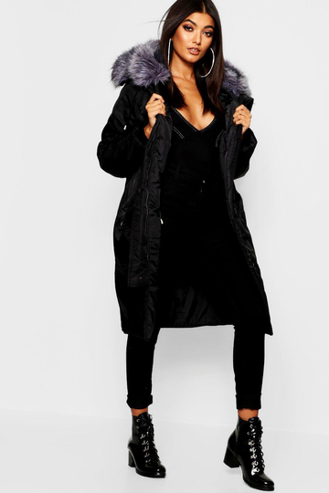 Oversize Parkasjacka Med Huva Och Fuskpäls, Black