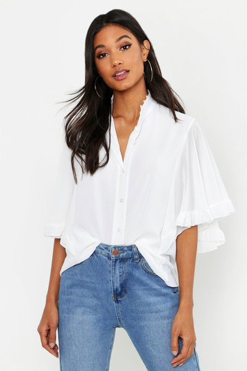 Blus I Vävt Tyg Med Volanger Och Vid Ärm, White