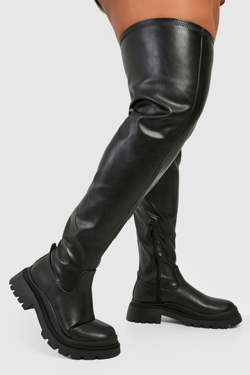 Overknee Stövlar I Pu Med Stretch Och Bred Passform, Black