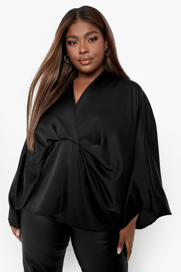 Plus - Blus I Satin Med Knut Och Kimonoärm, Black
