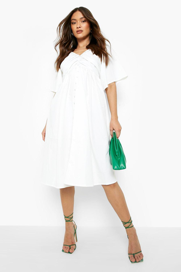 Midiklänning I Poplin Med Knappar, White