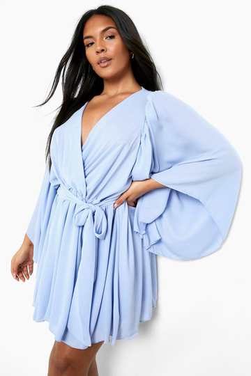 Plus - Omlottklänning Med Vid Ärm, Blue