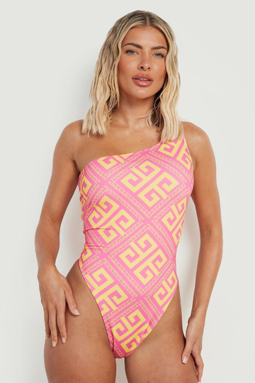Mönstrad One Shoulder-Baddräkt, Pink