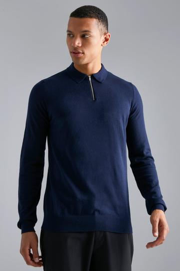 Tall Långärmad Piké Med Kort Dragkedja, Blue