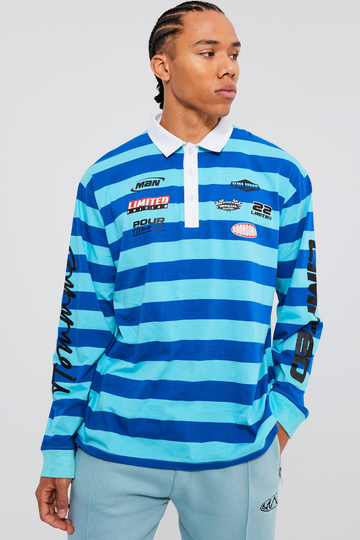 Tall Oversized Långärmad Piké Med Ränder, Blue