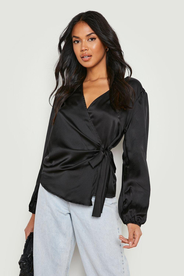 Satinblus Med Knytdetalj, Black
