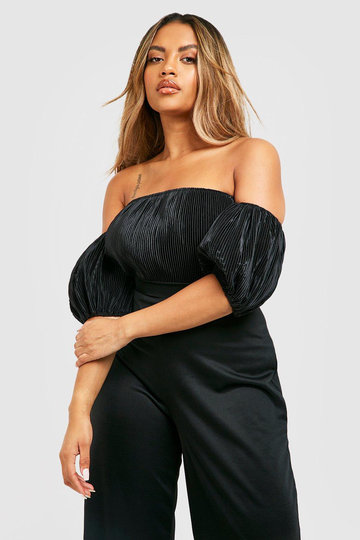 Plus Plisserad Body I Satin Med Puffärm, Black