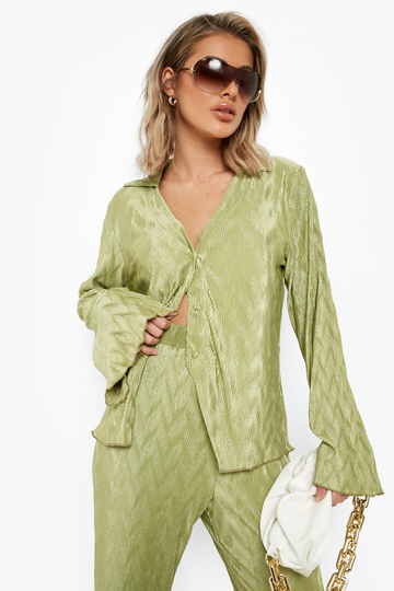 Plisserad Skjorta Med Utsvängd Ärm, Green