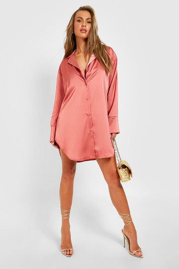 Oversize Skjortklänning I Satin, Orange