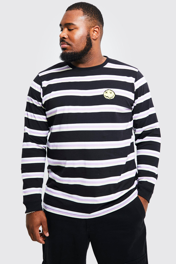 Plus - Långärmad Randig T-Shirt Med Brodyr, White