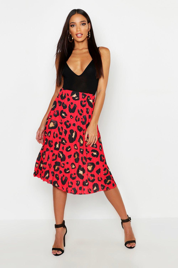Leopardmönstrad Midikjol Med Plissering, Red