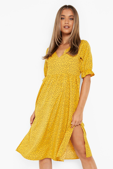 Prickig Midiklänning Med Slits, Yellow