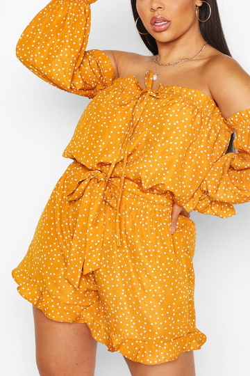 Plus Prickig Romper Med Volanger, Yellow