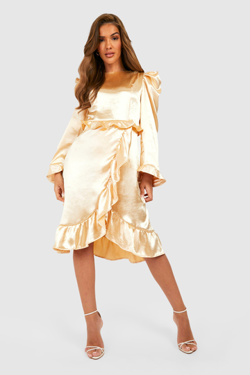 Knälång Satinklänning Med Volanger, Beige