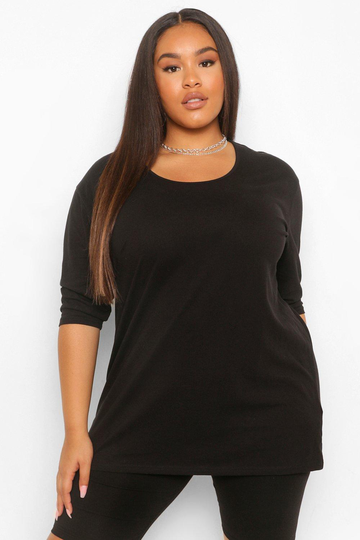 Plus - Oversize T-Shirt Med Trekvartsärm Och Ojämn Kant, Black