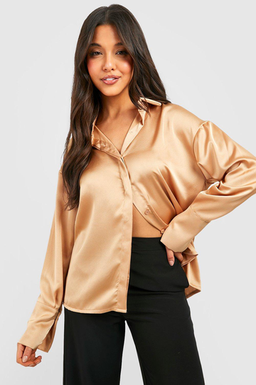 Skjorta I Satin Med Ledig Passform, Beige