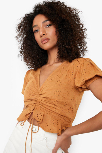 Tall - Rynkad Topp Med Broderie Anglaise, Brown
