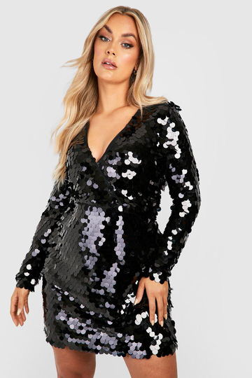 Plus - Glittrig Omlottklänning Med Paljetter, Black