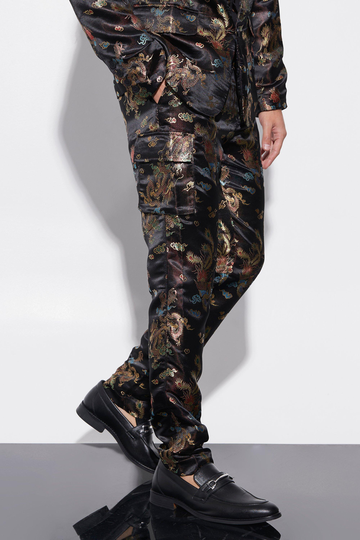 Mönstrade Kostymbyxor I Slim Fit, Black