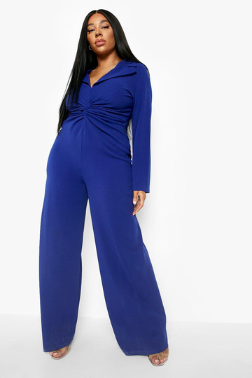 Plus Jumpsuit Med Knut Och Vida Ben, Blue