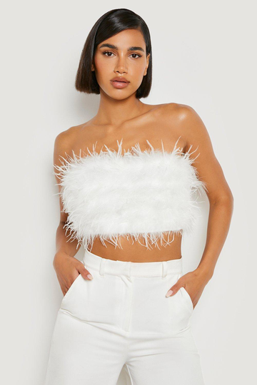 Crop Top Med Fjädrar, White