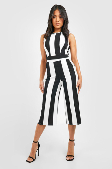 Petite - Randig Jumpsuit Med Hög Krage, Black