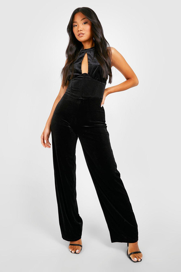 Petite - Jumpsuit I Sammet Med Korsett Och Halterneck, Black
