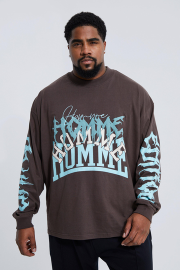 Plus Homme Oversized Långärmad T-Shirt Med Tryck, Brown