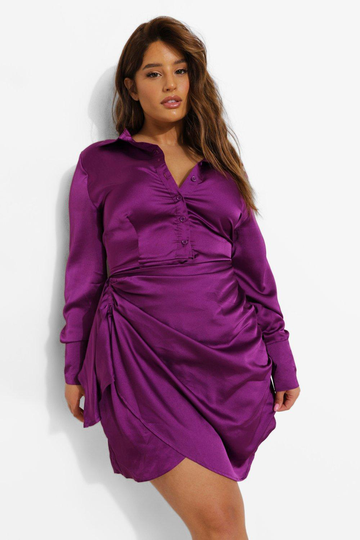 Plus - Rynkad Satinklänning Med Omlott, Purple