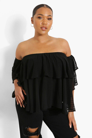 Plus - Off Shoulder-Topp I Prickig Mesh, Black