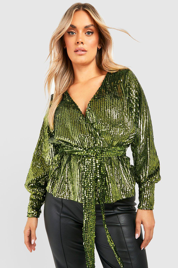 Plus - Blus Med Paljetter Och Omlott, Green