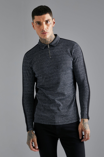 Långärmad Piké I Slim Fit Med Dragkedja, Black