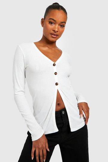 Tall - Långärmad Stickad Topp Med Knappar, White