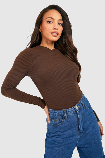 Tall Mjuk Långärmad Topp Med Rund Hals, Brown