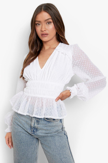 Långärmad Blus I Mesh, White