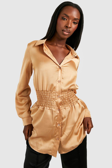 Satinskjorta Med Smockad Midja, Beige