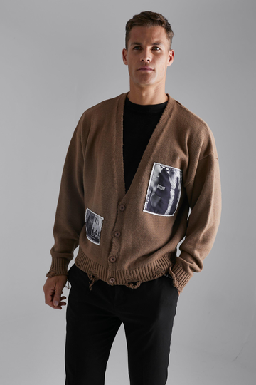 Tall Stickad Cardigan Med Fototryck, Beige
